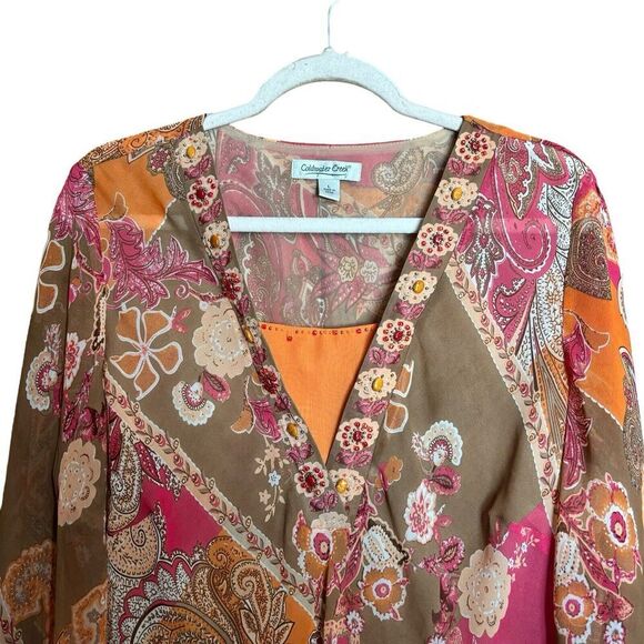 Coldwater Creek Tunic Top Women Large Multicolor Boho Paisley Embellished Blouse - Picture 2 of 8